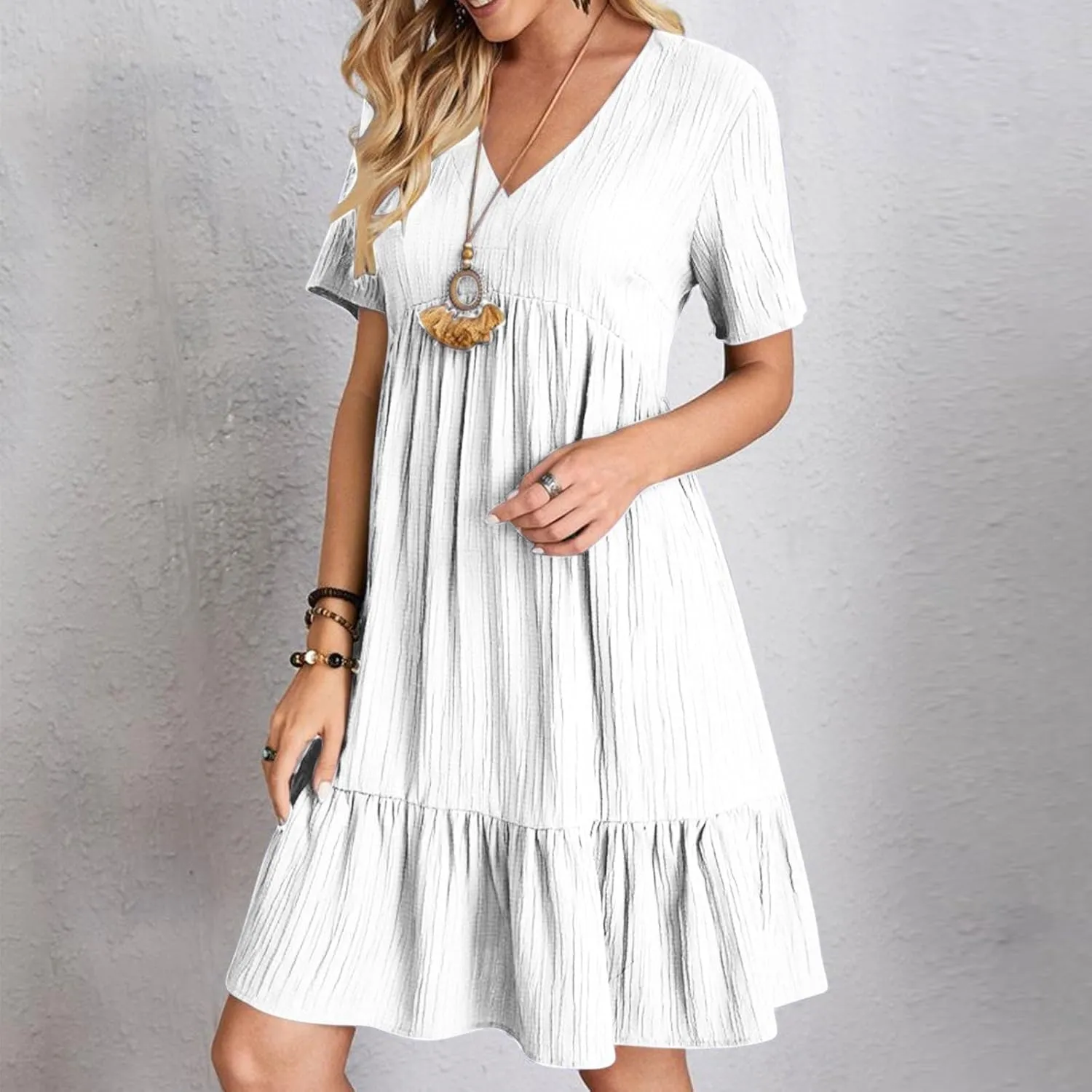 Women's Summer Dresses Casual Midi Swing Short Sleeve V Neck Tiered A Line Flowy Beach Dress Sundress 2025