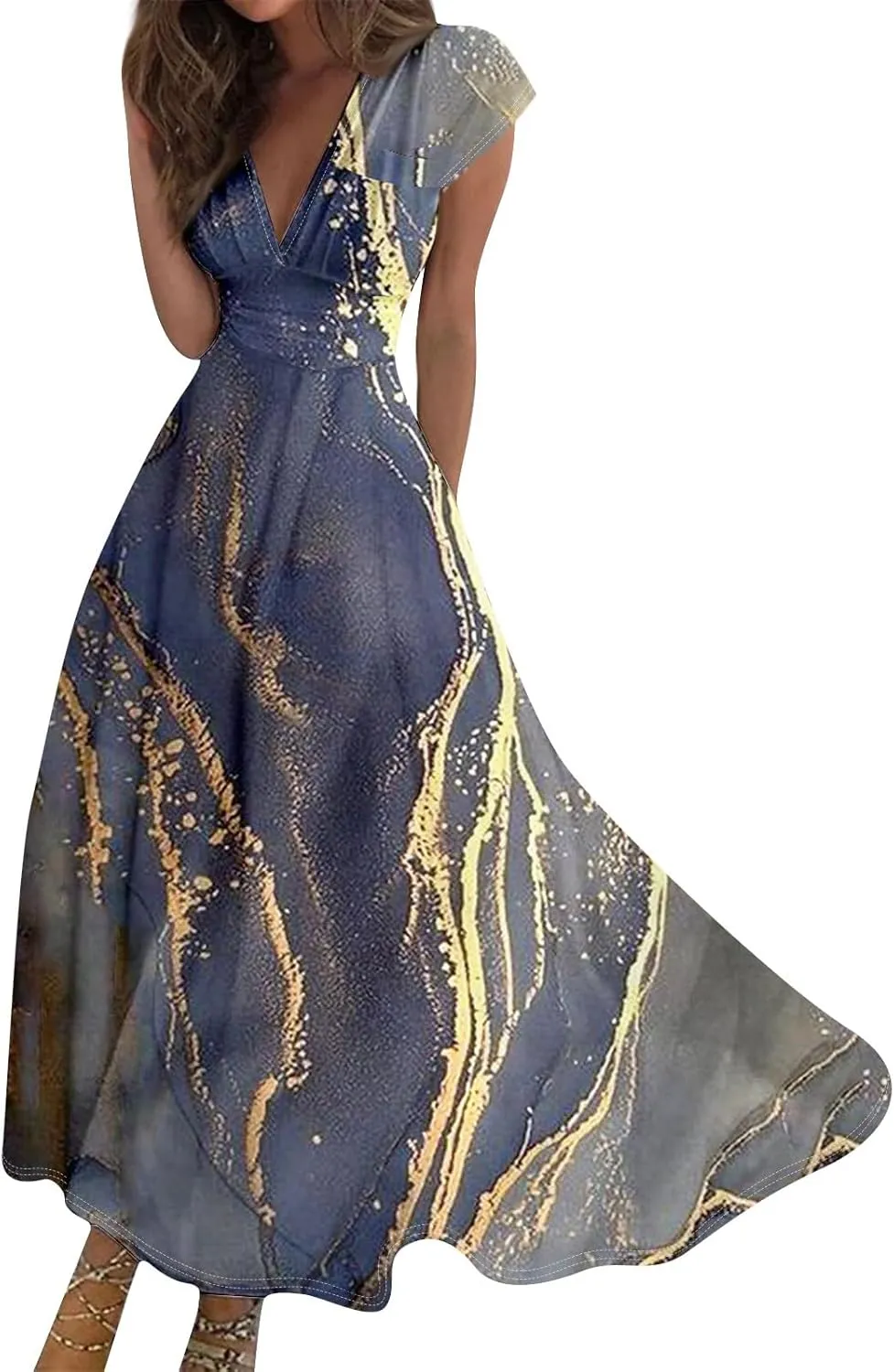 Womens Summer Dresses Flowy Ruched Sleeveless Sundress Floral Print Wrap V Neck Maxi Dress High Waist Boho Dress