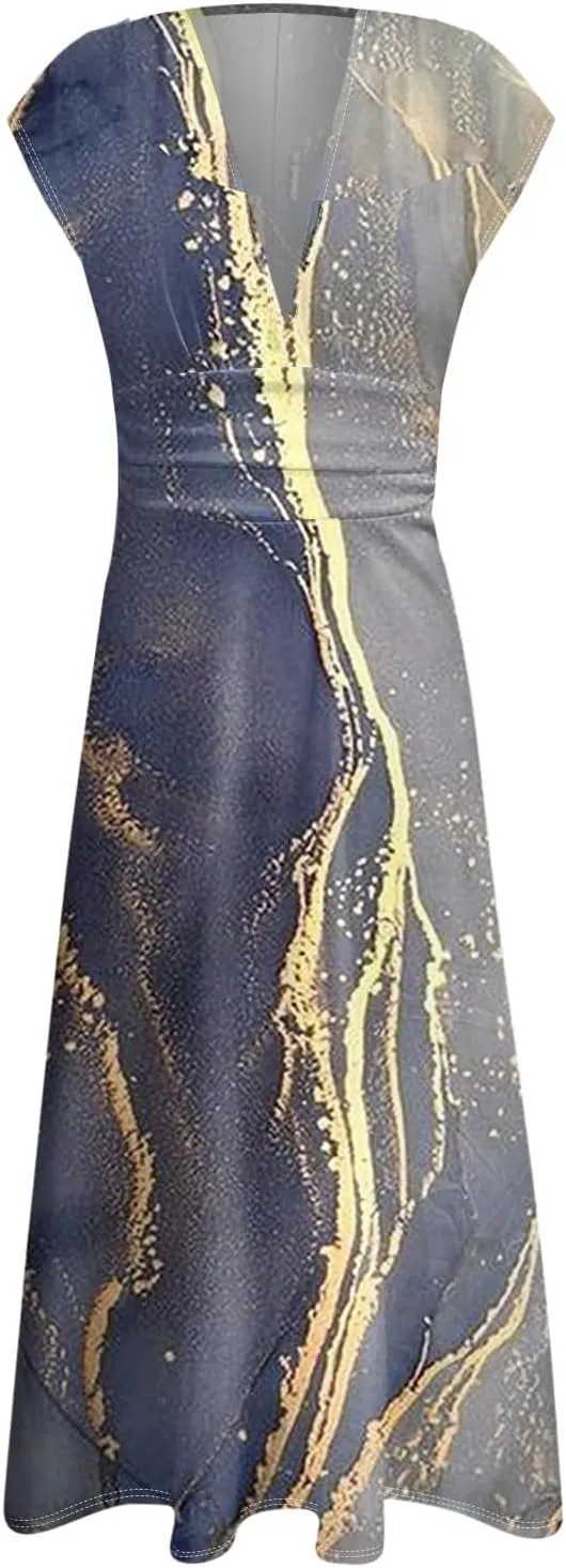 Womens Summer Dresses Flowy Ruched Sleeveless Sundress Floral Print Wrap V Neck Maxi Dress High Waist Boho Dress