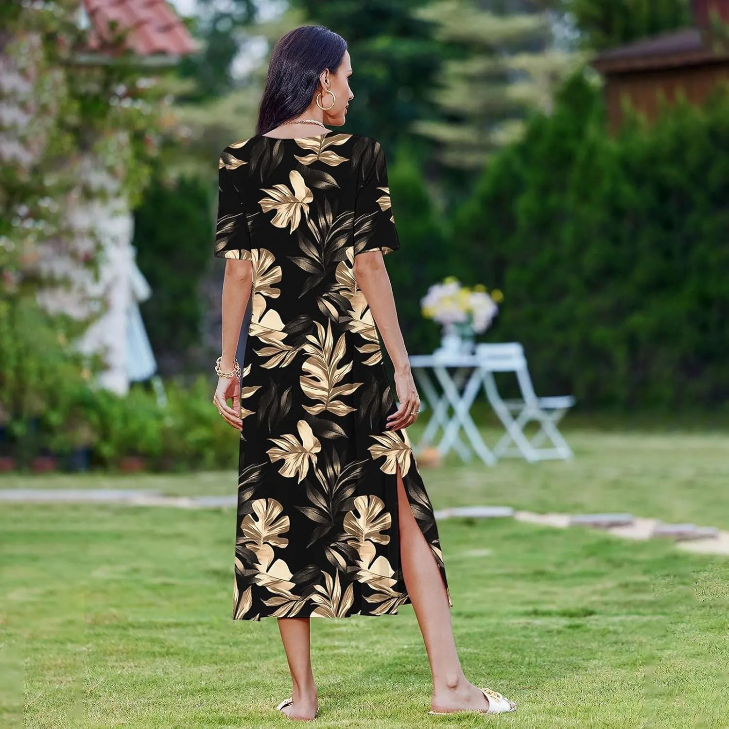 Womens Summer Dresses Short Sleeve Long T Shirt Dress Split Maxi Dress Boho Floral Print Beach Sundresses with Pockets