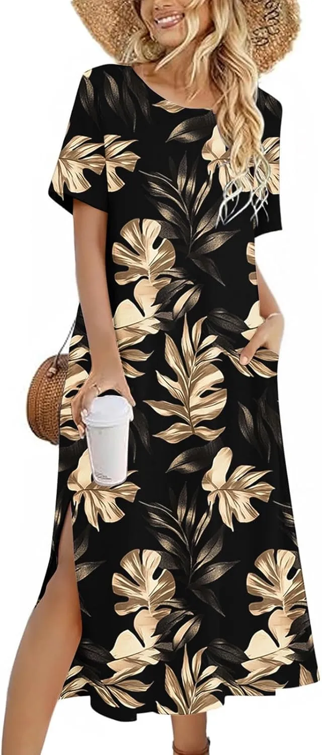 Womens Summer Dresses Short Sleeve Long T Shirt Dress Split Maxi Dress Boho Floral Print Beach Sundresses with Pockets