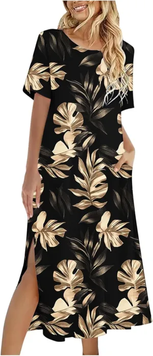 Womens Summer Dresses Short Sleeve Long T Shirt Dress Split Maxi Dress Boho Floral Print Beach Sundresses with Pockets