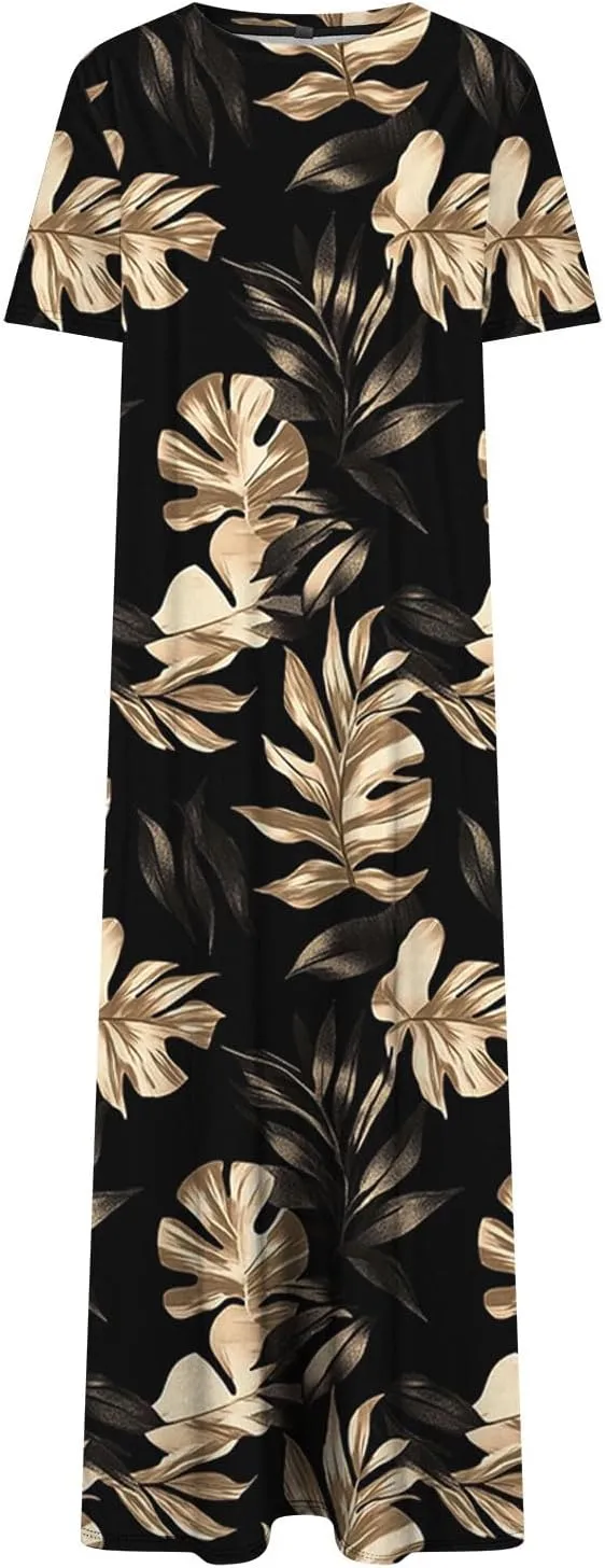 Womens Summer Dresses Short Sleeve Long T Shirt Dress Split Maxi Dress Boho Floral Print Beach Sundresses with Pockets