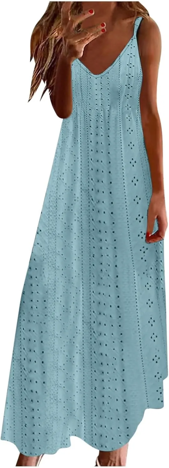 Womens Summer Dresses Spaghetti Strap V-neck Sexy Boho Sundress Hollow Out Trendy Beach Vacation Flowy Maxi Dresses