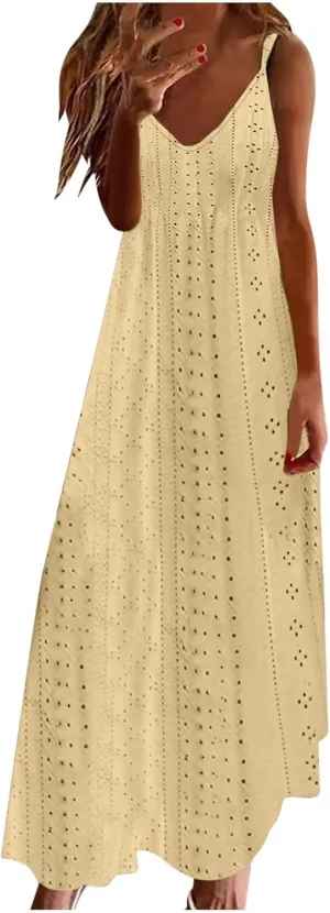 Womens Summer Dresses Spaghetti Strap V-neck Sexy Boho Sundress Hollow Out Trendy Beach Vacation Flowy Maxi Dresses