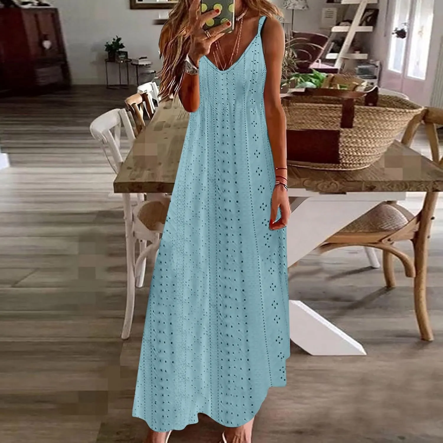 Womens Summer Dresses Spaghetti Strap V-neck Sexy Boho Sundress Hollow Out Trendy Beach Vacation Flowy Maxi Dresses