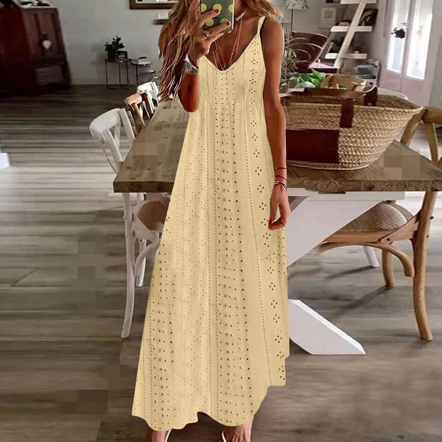 Womens Summer Dresses Spaghetti Strap V-neck Sexy Boho Sundress Hollow Out Trendy Beach Vacation Flowy Maxi Dresses