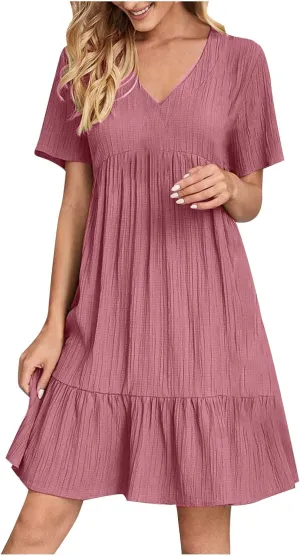 Women's Sundresses Short Sleeve Elegant Mini Dress Ruffle Pleated Summer Dresses Flowy V Neck Beach Dress