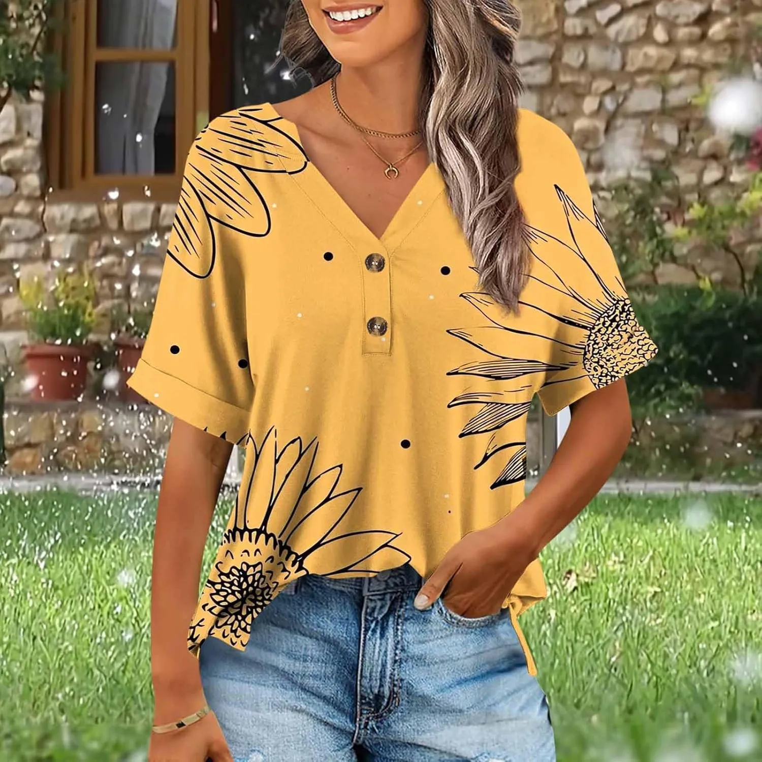 Women's Tops Summer Trendy 2025 Dressy Casual Bloues Loose Fit Half Sleeve V Neck Tshirts Shirts