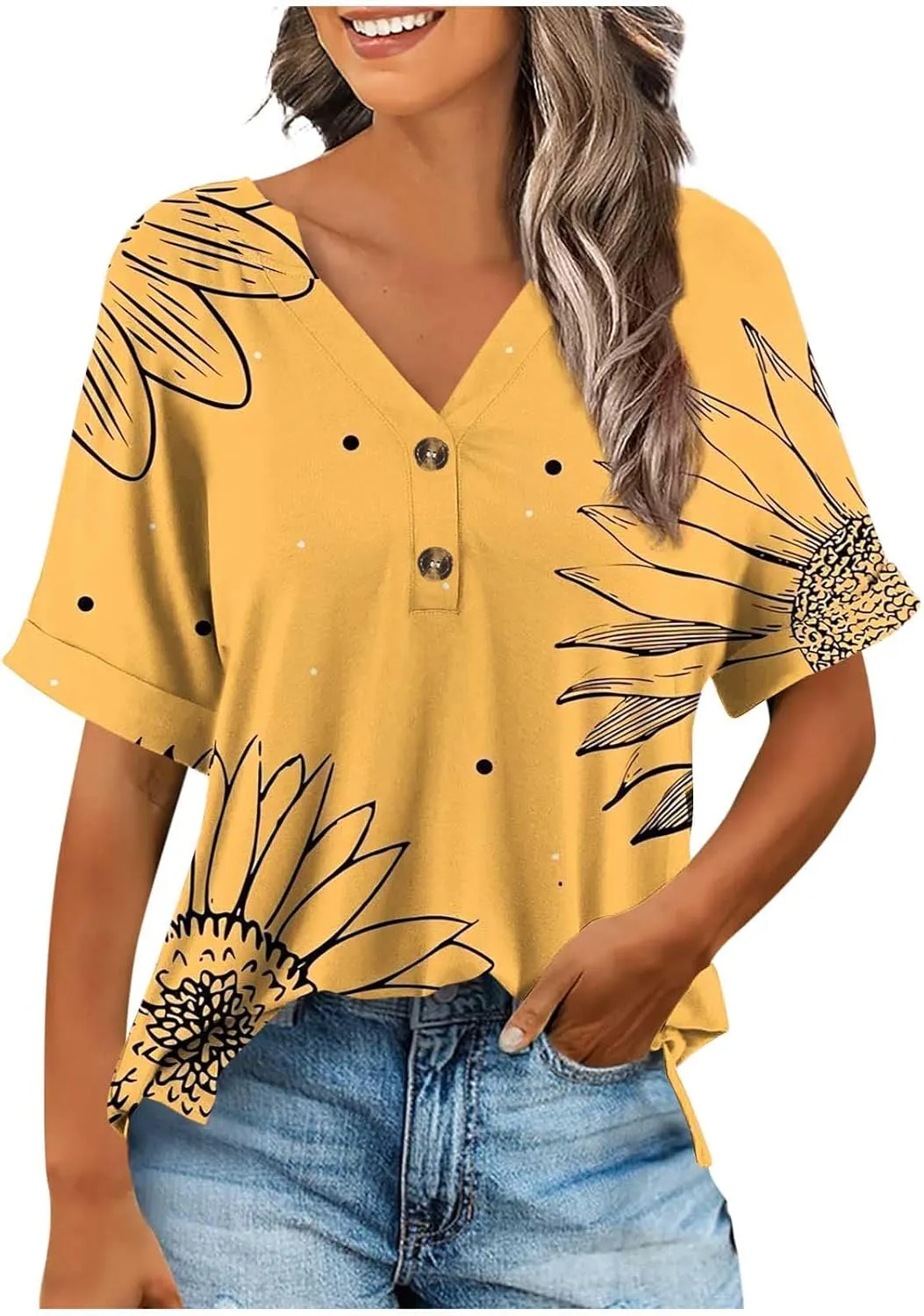 Women's Tops Summer Trendy 2025 Dressy Casual Bloues Loose Fit Half Sleeve V Neck Tshirts Shirts