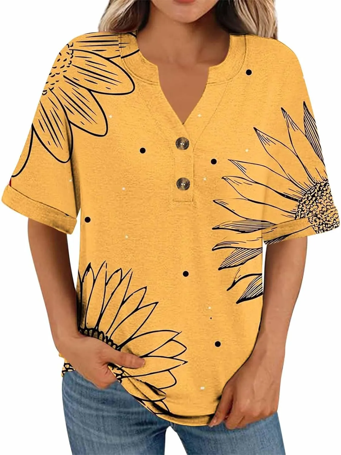 Women's Tops Summer Trendy 2025 Dressy Casual Bloues Loose Fit Half Sleeve V Neck Tshirts Shirts