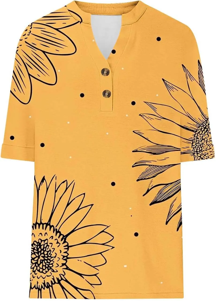 Women's Tops Summer Trendy 2025 Dressy Casual Bloues Loose Fit Half Sleeve V Neck Tshirts Shirts