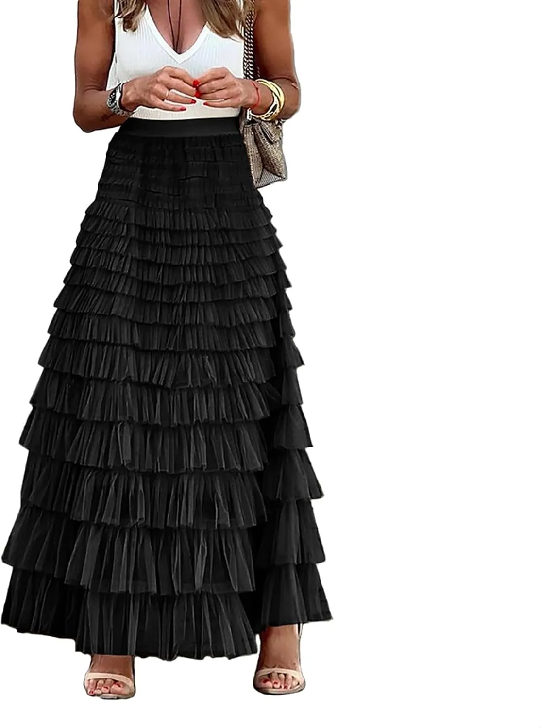 Women's Tulle Skirts Trendy Elastic Waist Layered Mesh Long Skirt A-Line Ruffles Fairy Skirts