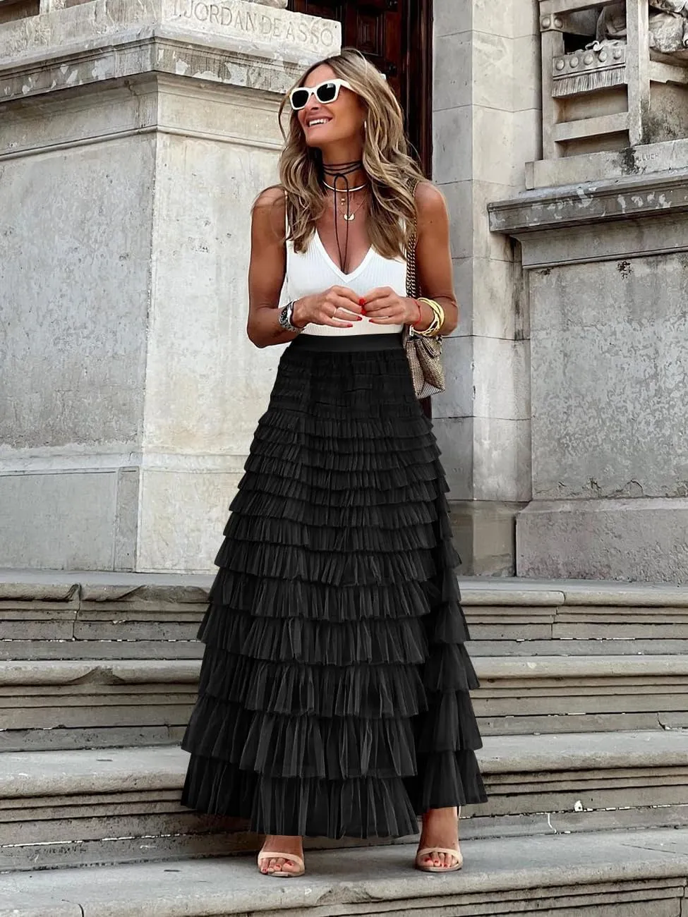 Women's Tulle Skirts Trendy Elastic Waist Layered Mesh Long Skirt A-Line Ruffles Fairy Skirts