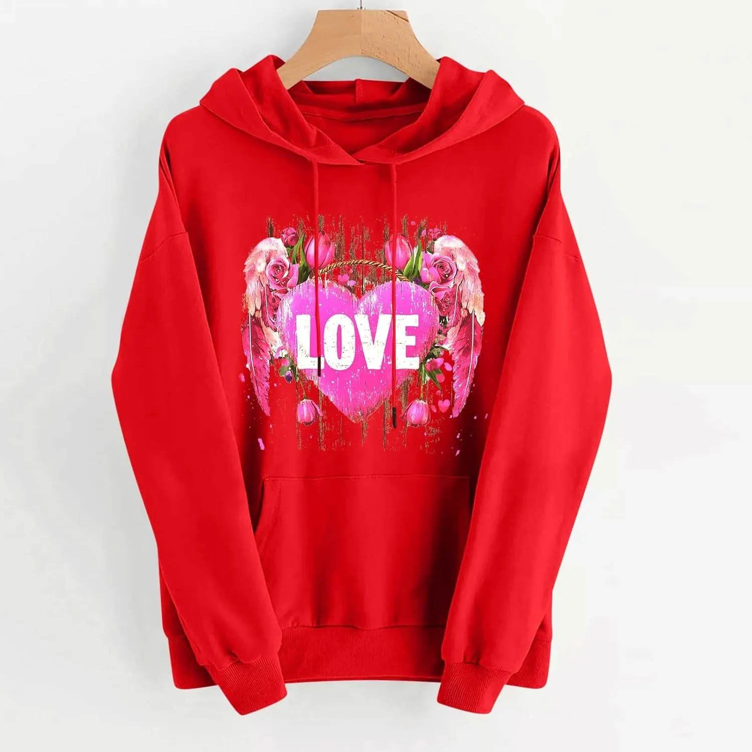 Womens Valentines Shirts Oversized Tops Trendy Heart Print Graphic Hoodies Plus Size Long Sleeve Hooded Sweatshirts