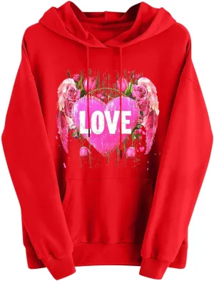 Womens Valentines Shirts Oversized Tops Trendy Heart Print Graphic Hoodies Plus Size Long Sleeve Hooded Sweatshirts