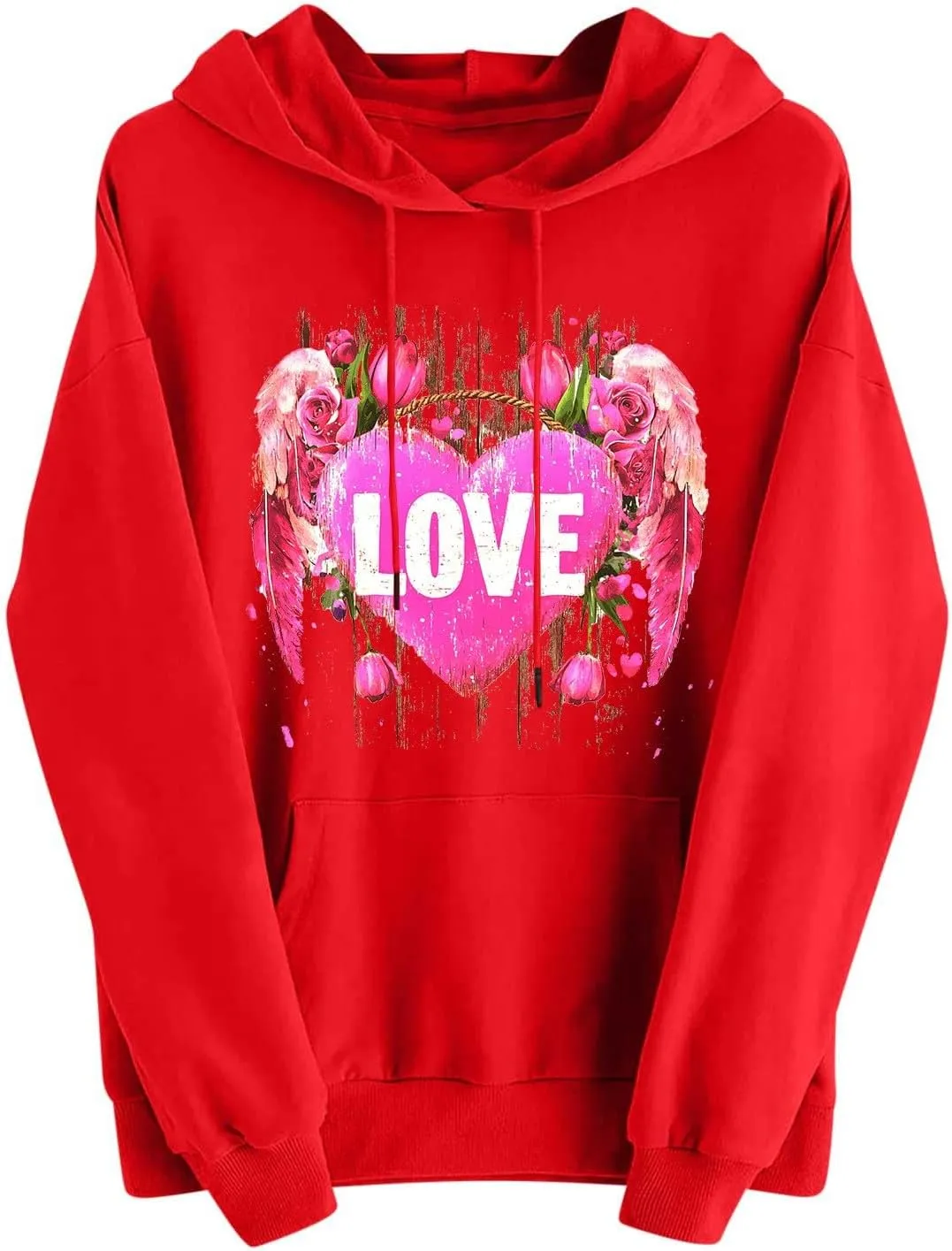 Womens Valentines Shirts Oversized Tops Trendy Heart Print Graphic Hoodies Plus Size Long Sleeve Hooded Sweatshirts