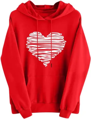 Womens Valentines Shirts Oversized Tops Trendy Heart Print Graphic Hoodies Plus Size Long Sleeve Hooded Sweatshirts