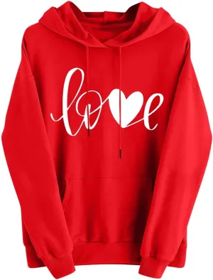 Womens Valentines Shirts Oversized Tops Trendy Heart Print Graphic Hoodies Plus Size Long Sleeve Hooded Sweatshirts