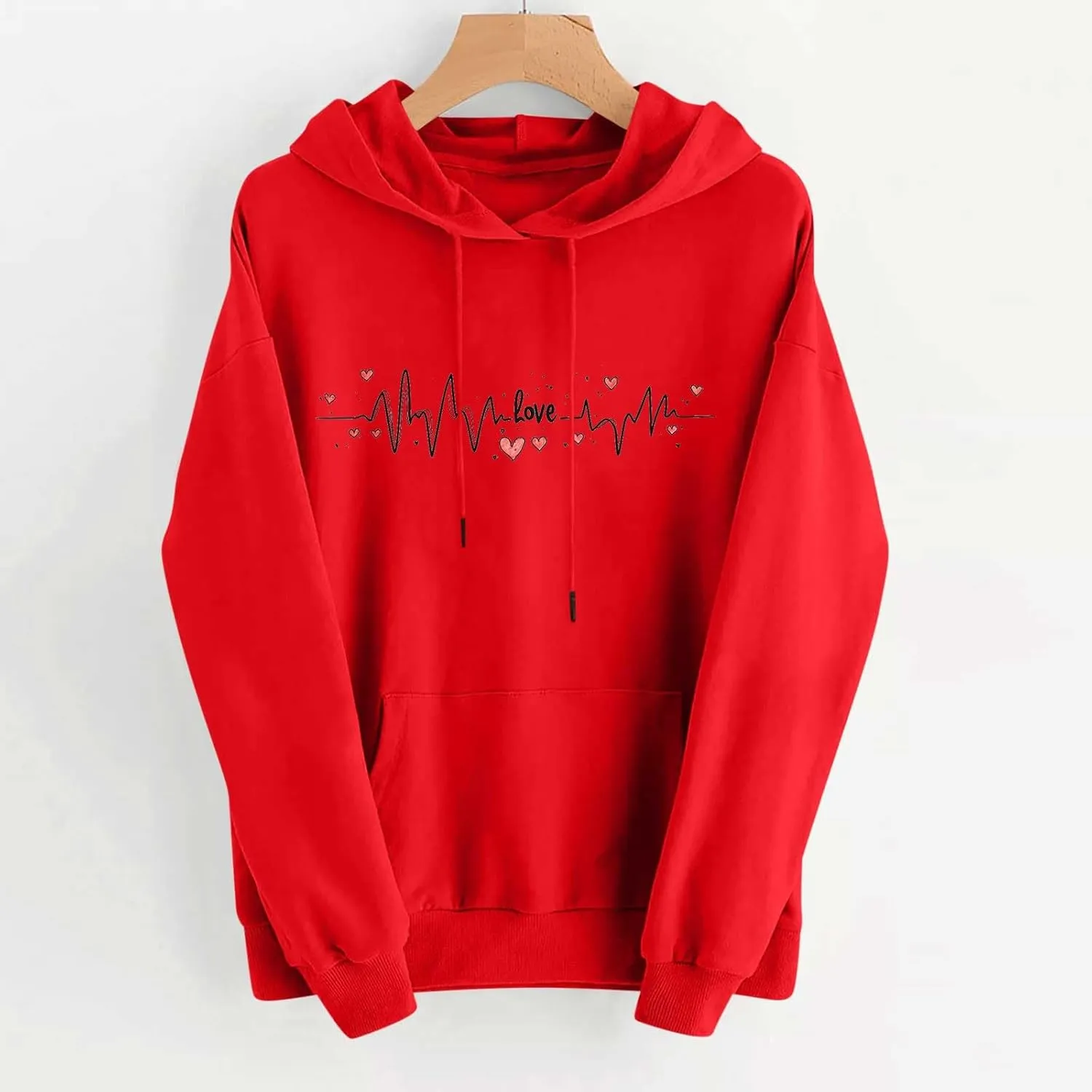 Womens Valentines Shirts Oversized Tops Trendy Heart Print Graphic Hoodies Plus Size Long Sleeve Hooded Sweatshirts