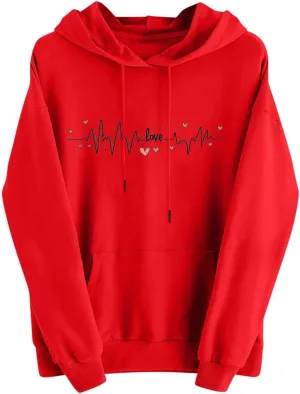 Womens Valentines Shirts Oversized Tops Trendy Heart Print Graphic Hoodies Plus Size Long Sleeve Hooded Sweatshirts