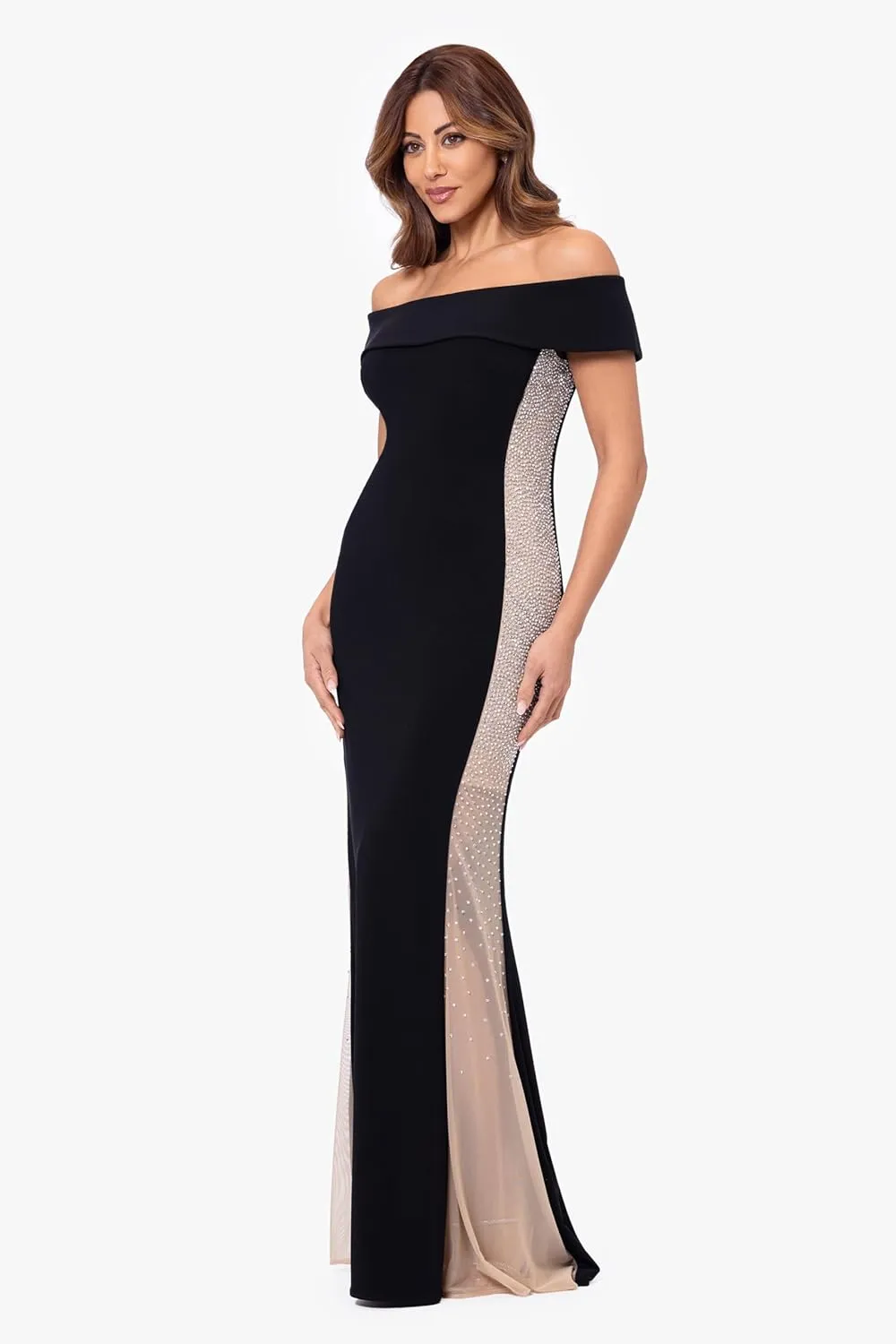 Xscape Women's Off The Shoulder Beaded Bodycon Formal Maxi Dress