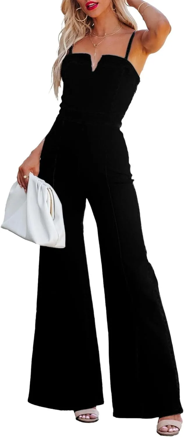 xxxiticat Women's Black Dressy Jumpsuit Sleeveless Elegant V Neck Spaghetti Straps Elegant Formal Casaul One Piece Rompers