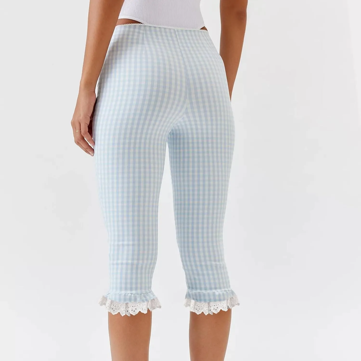 Y2k Capri Pants for Women Trendy Lace Ruffle Hem Flare Leggings Bell Bottom Skinny Gingham Cropped Bloomer Trousers