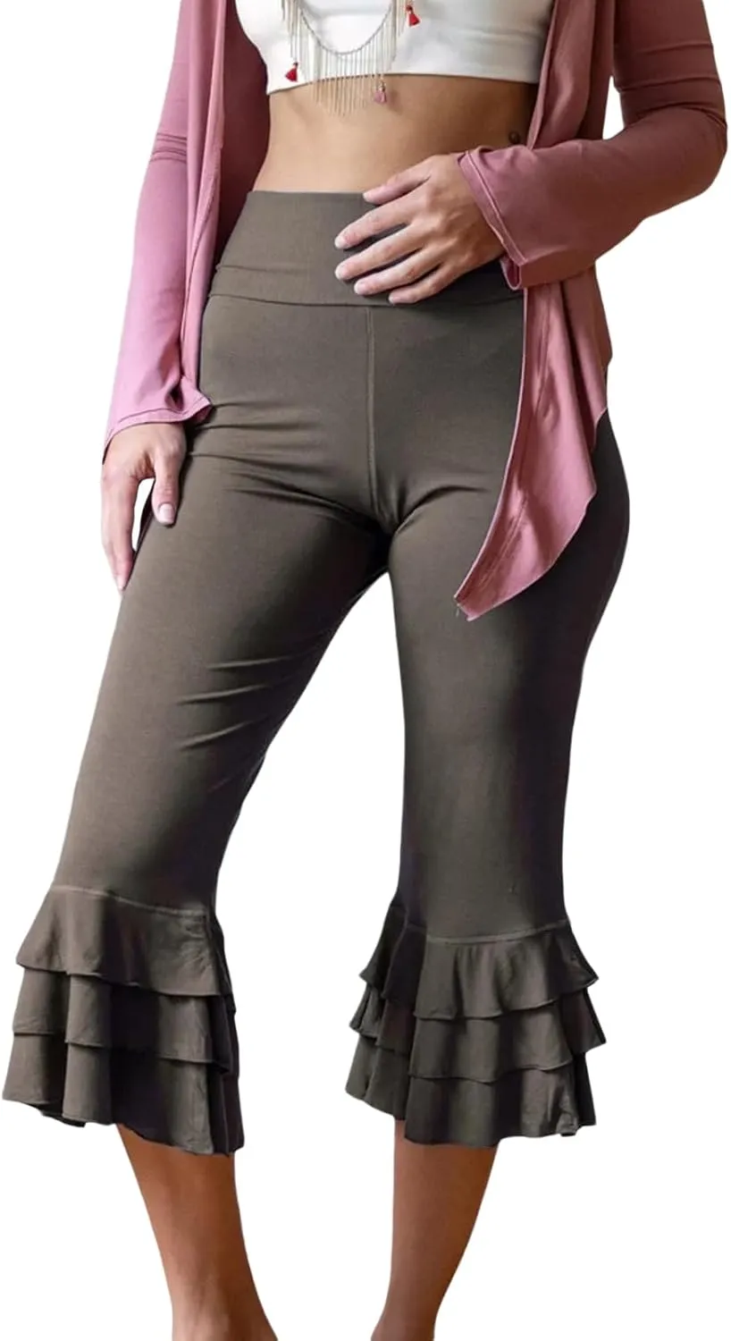 Y2k Capri Pants for Women Trendy Lace Ruffle Hem Flare Leggings Bell Bottom Skinny Gingham Cropped Bloomer Trousers