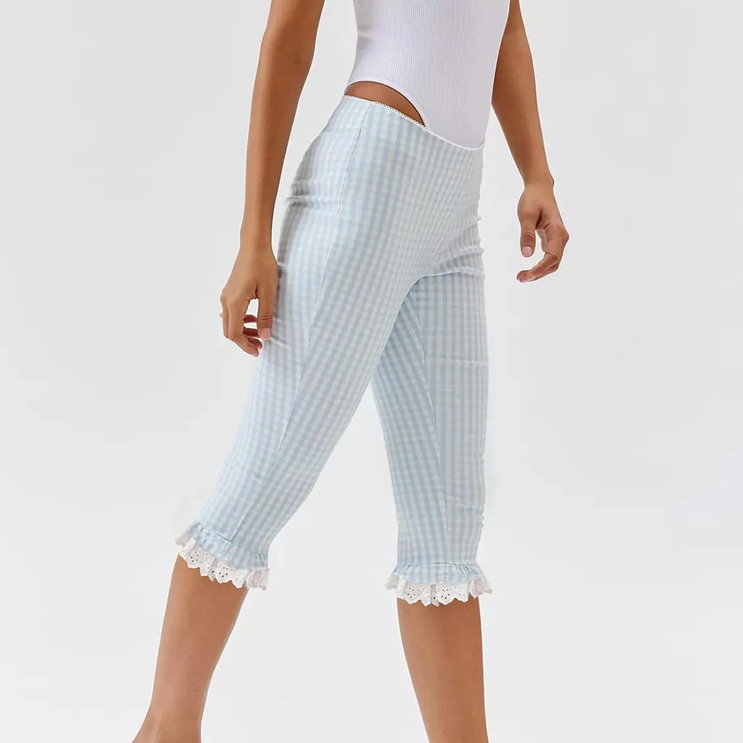 Y2k Capri Pants for Women Trendy Lace Ruffle Hem Flare Leggings Bell Bottom Skinny Gingham Cropped Bloomer Trousers
