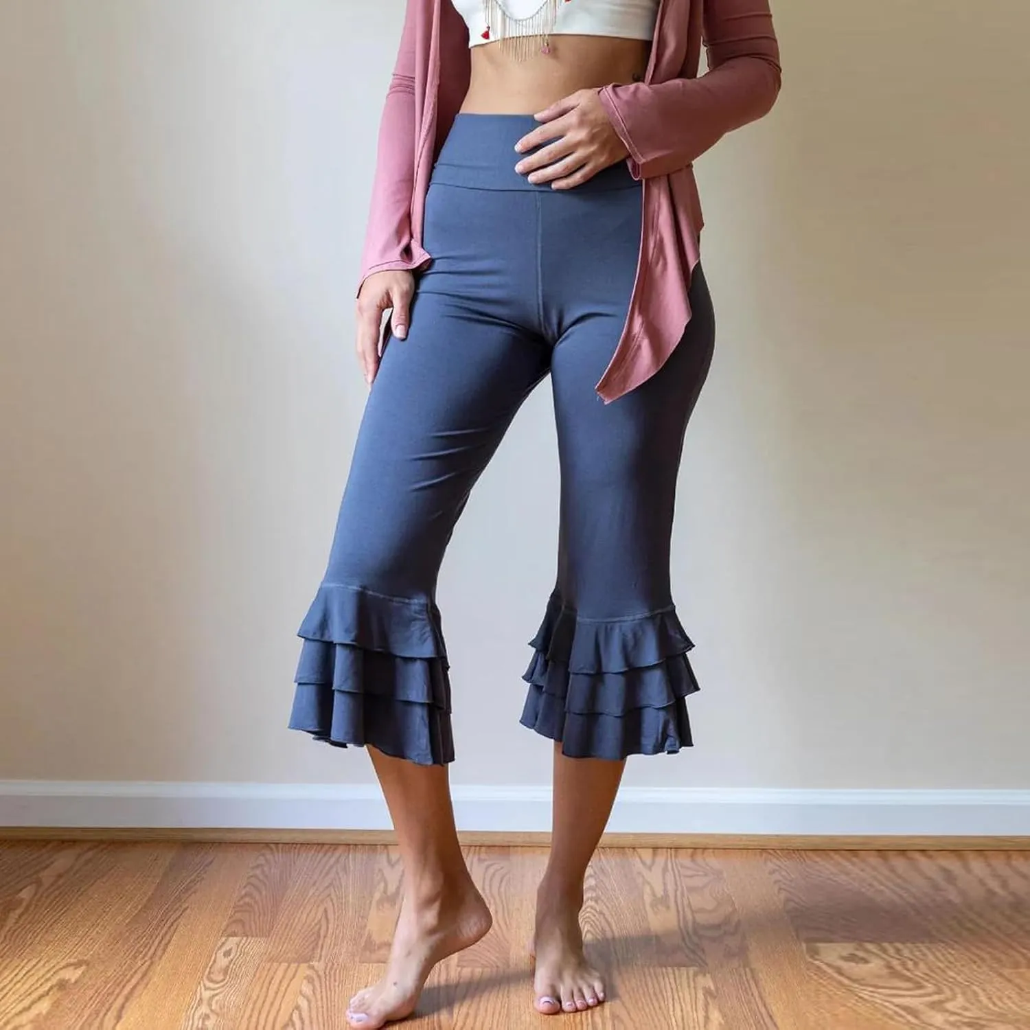 Y2k Capri Pants for Women Trendy Lace Ruffle Hem Flare Leggings Bell Bottom Skinny Gingham Cropped Bloomer Trousers