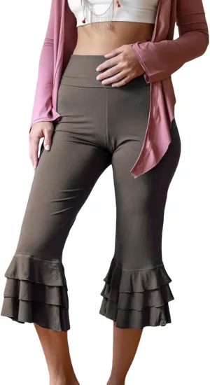 Y2k Capri Pants for Women Trendy Lace Ruffle Hem Flare Leggings Bell Bottom Skinny Gingham Cropped Bloomer Trousers