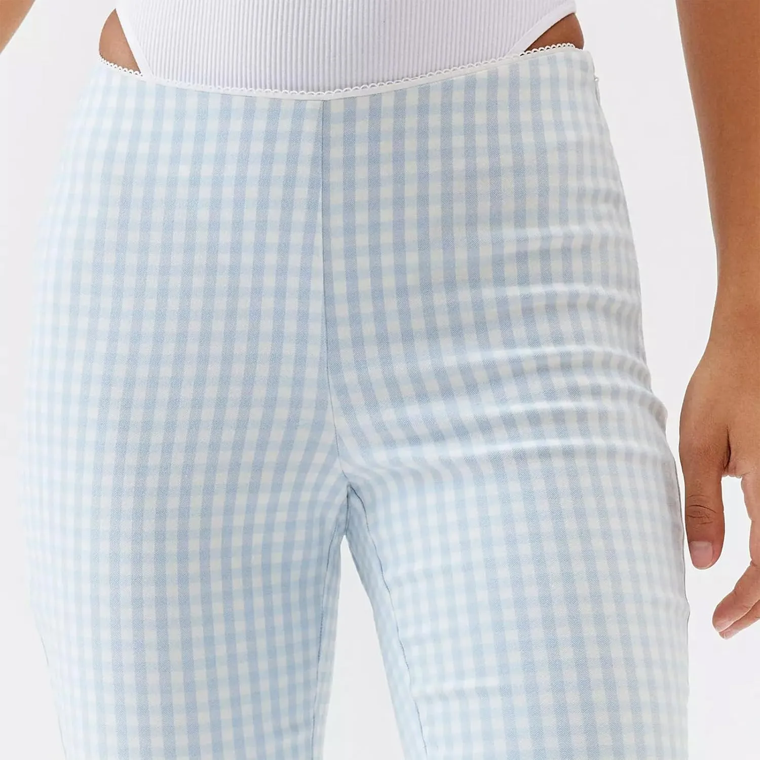Y2k Capri Pants for Women Trendy Lace Ruffle Hem Flare Leggings Bell Bottom Skinny Gingham Cropped Bloomer Trousers