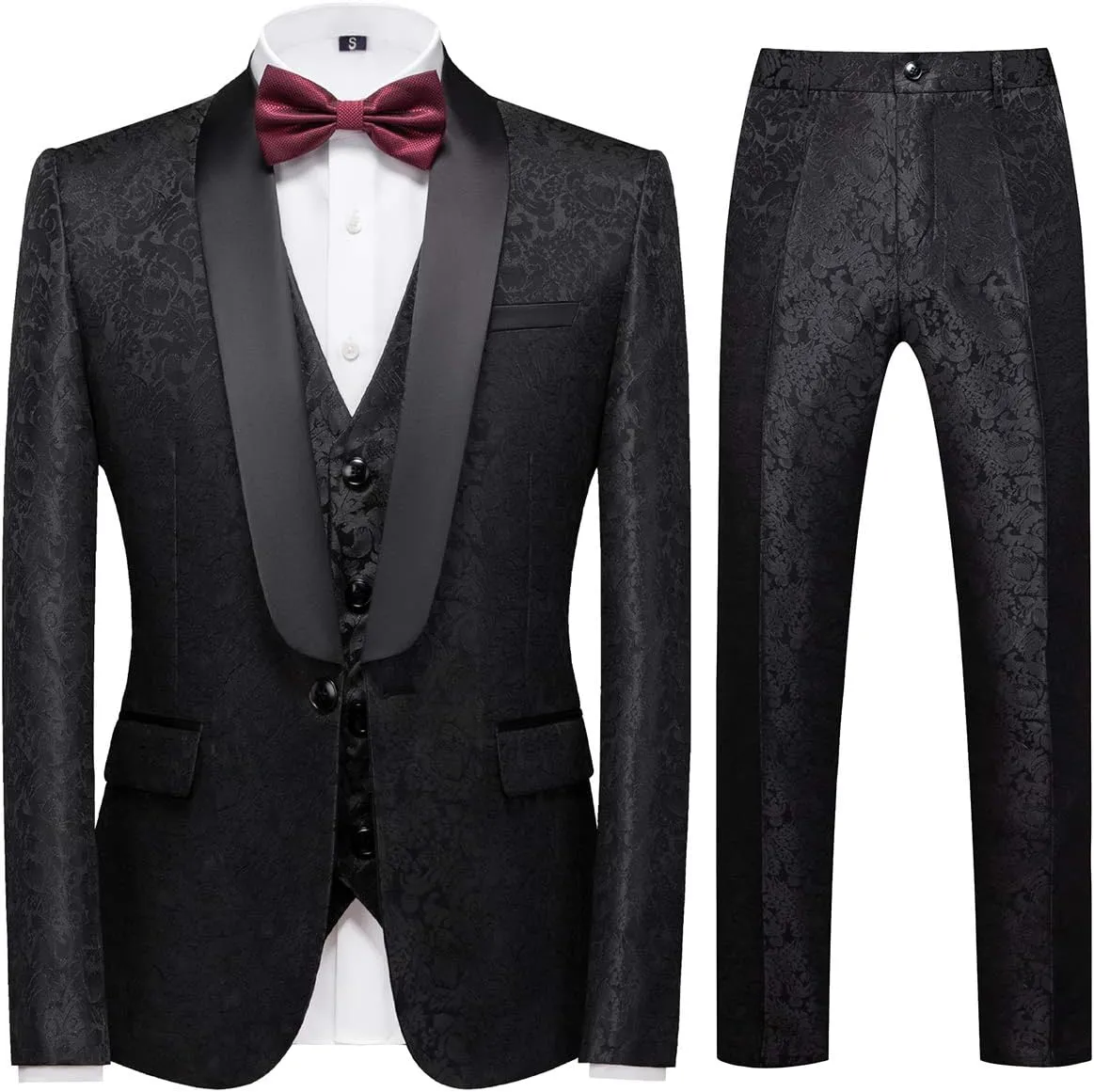 YFFUSHI Men's Elegant Jacquard 3 Piece Suit Shawl Lapel Slim Fit Tuxedo Set
