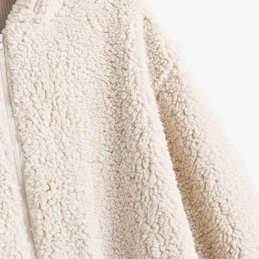 ZAFUL Women's Hooded Zip Up Faux Shearling Fluffy Teddy Jacket Coat
