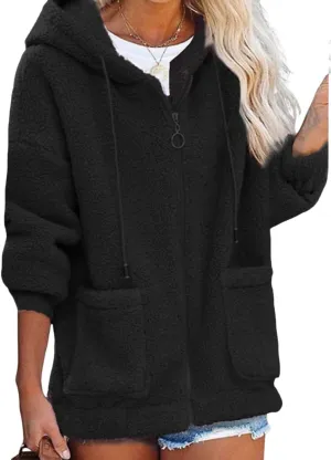 ZAFUL Women's Hooded Zip Up Faux Shearling Fluffy Teddy Jacket Coat
