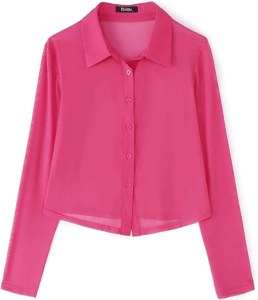ZANZEA Women's Sexy Mesh Shirt Sheer Button Up Blouse See Through Long Sleeve Crop Top