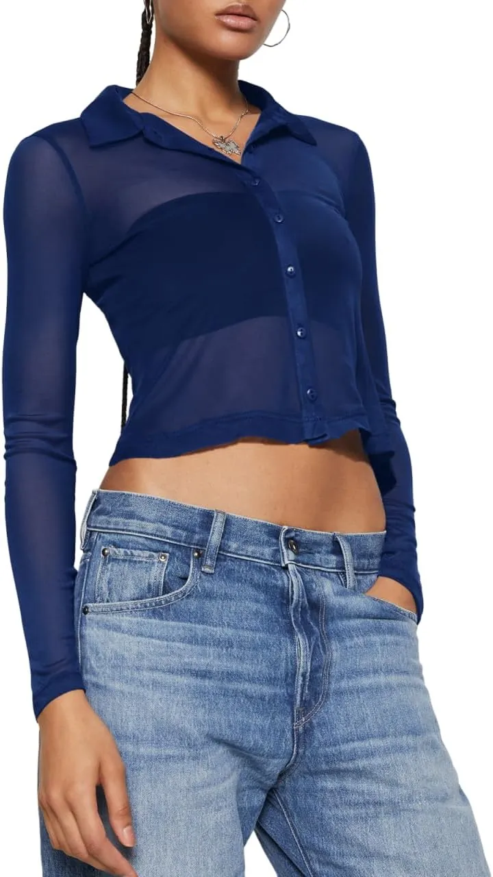 ZANZEA Women's Sexy Mesh Shirt Sheer Button Up Blouse See Through Long Sleeve Crop Top