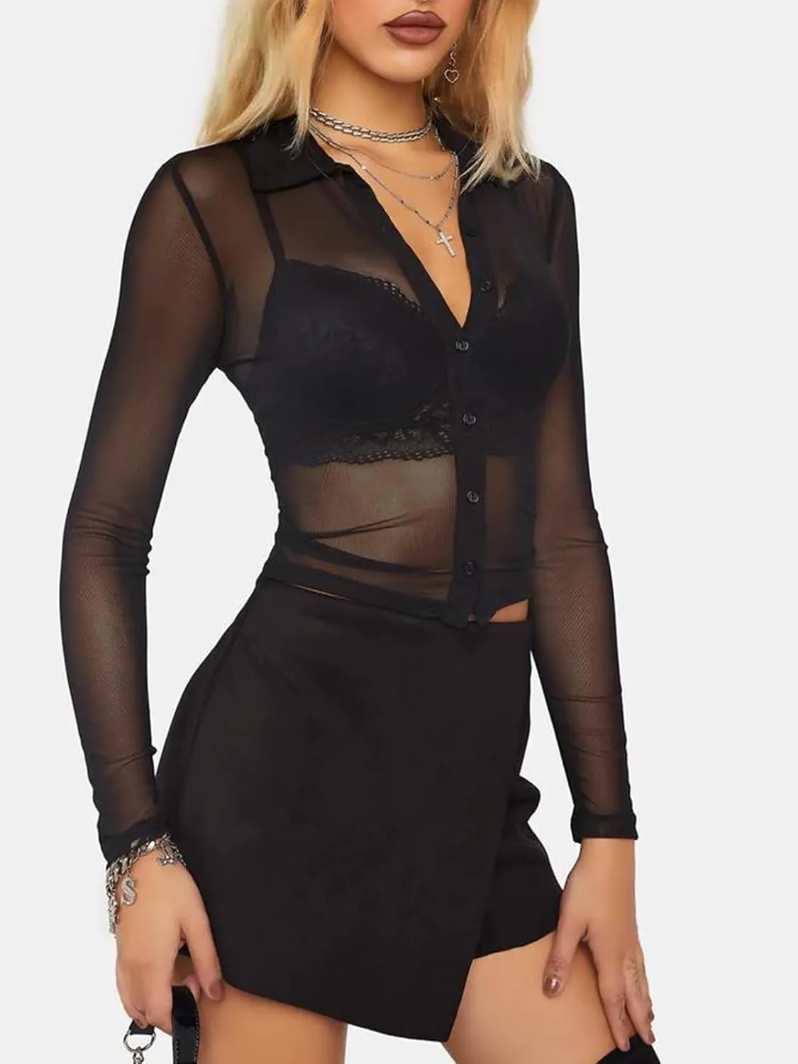 ZANZEA Women's Sexy Mesh Shirt Sheer Button Up Blouse See Through Long Sleeve Crop Top