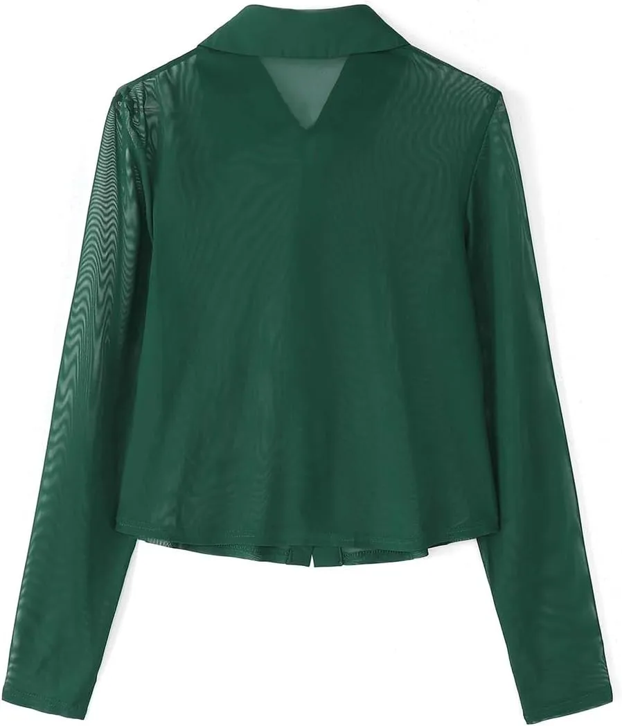 ZANZEA Women's Sexy Mesh Shirt Sheer Button Up Blouse See Through Long Sleeve Crop Top