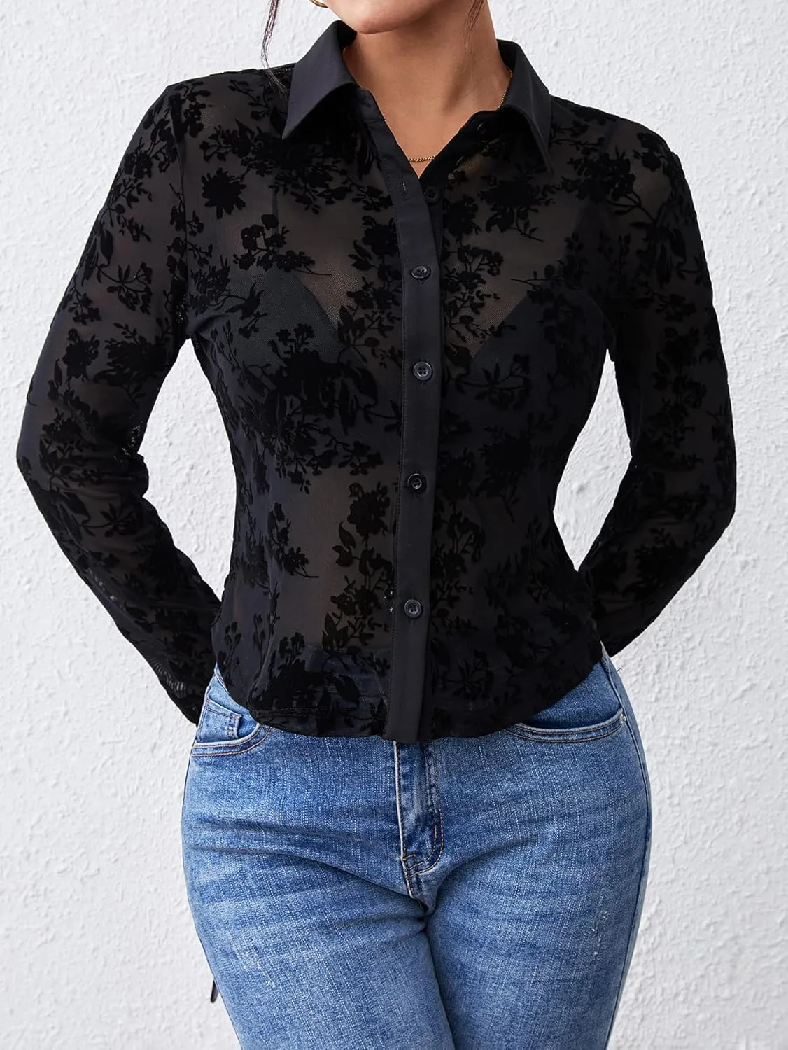 ZANZEA Women's Sexy Mesh Shirt Sheer Button Up Blouse See Through Long Sleeve Crop Top