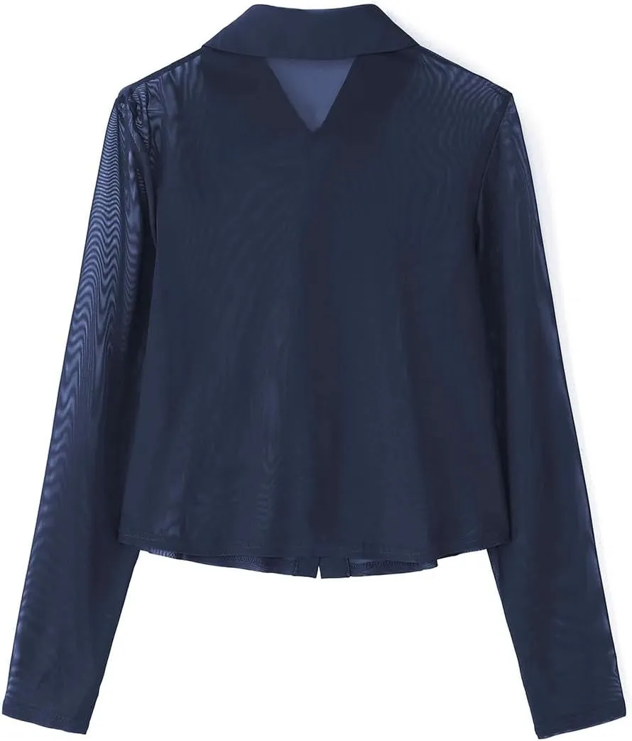 ZANZEA Women's Sexy Mesh Shirt Sheer Button Up Blouse See Through Long Sleeve Crop Top
