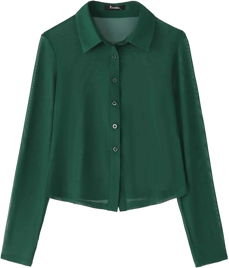 ZANZEA Women's Sexy Mesh Shirt Sheer Button Up Blouse See Through Long Sleeve Crop Top