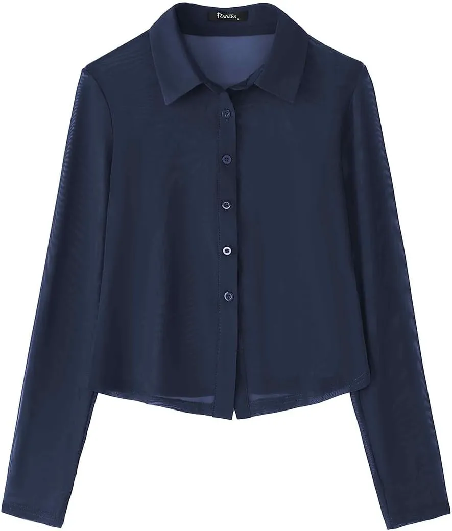 ZANZEA Women's Sexy Mesh Shirt Sheer Button Up Blouse See Through Long Sleeve Crop Top