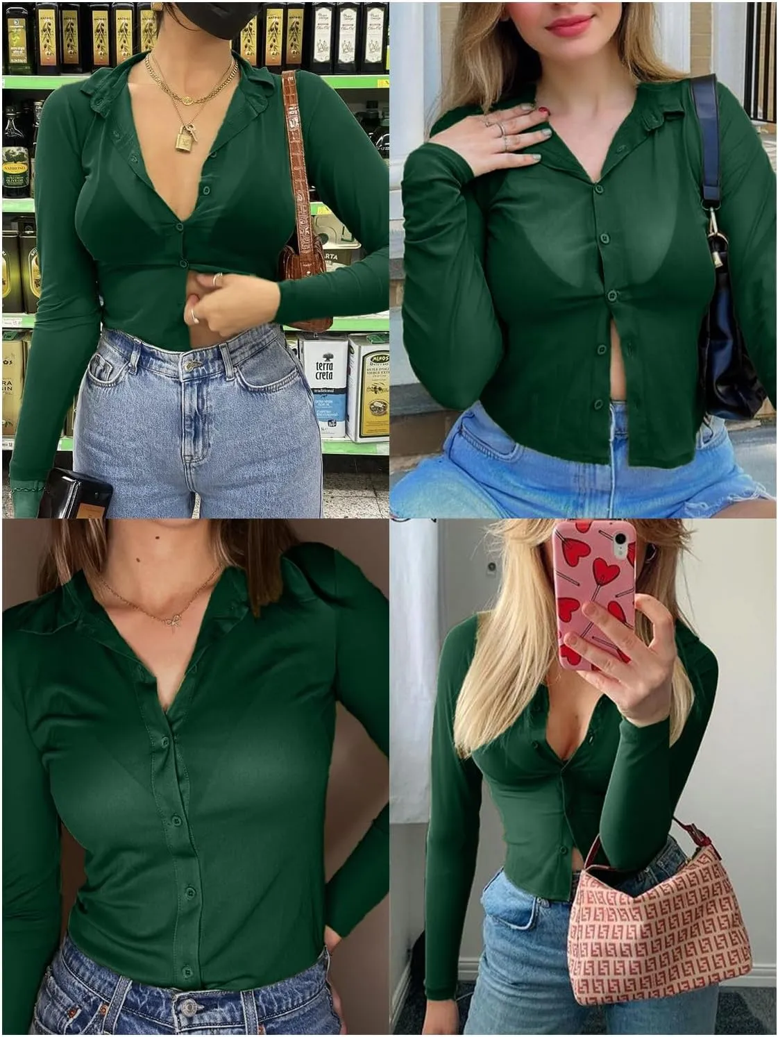 ZANZEA Women's Sexy Mesh Shirt Sheer Button Up Blouse See Through Long Sleeve Crop Top