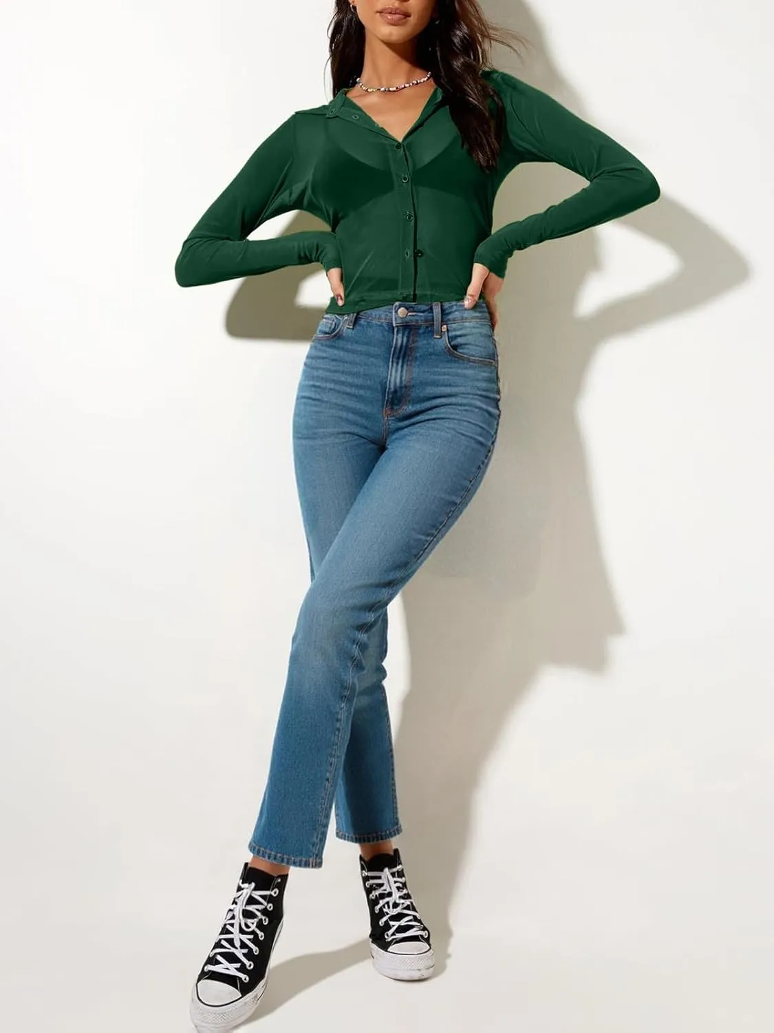 ZANZEA Women's Sexy Mesh Shirt Sheer Button Up Blouse See Through Long Sleeve Crop Top