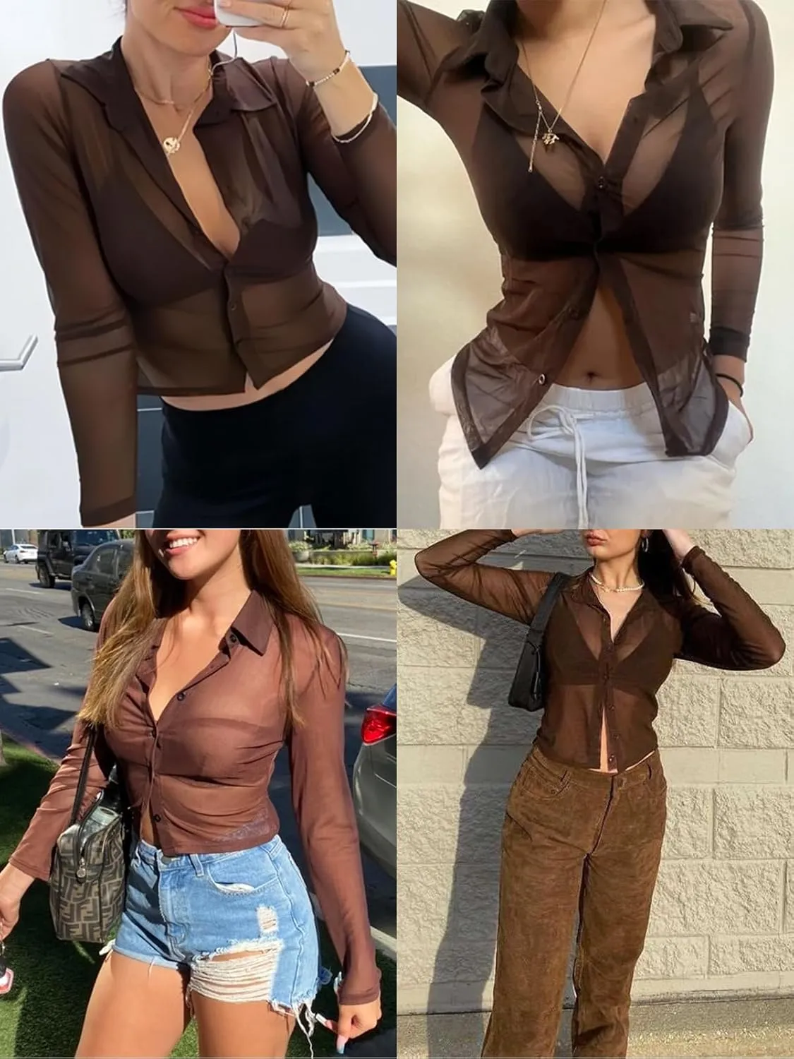 ZANZEA Women's Sexy Mesh Shirt Sheer Button Up Blouse See Through Long Sleeve Crop Top