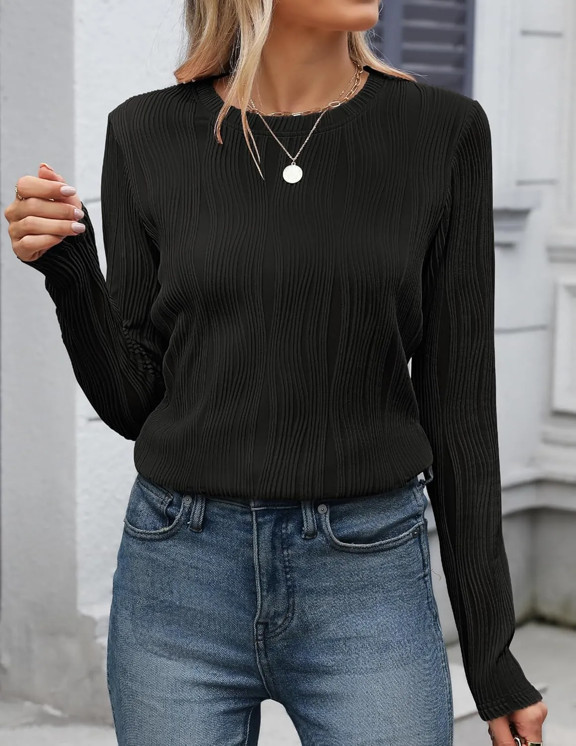 ZESICA Long Sleeve Shirts for Women Tops Fall Fashion Trendy Slim fit Textured Tshirts