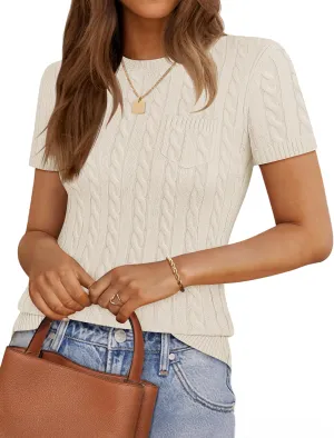 ZESICA Women's Trendy Short Sleeve Sweater Shirts Spring Summer Cable Knit Pullover Tops
