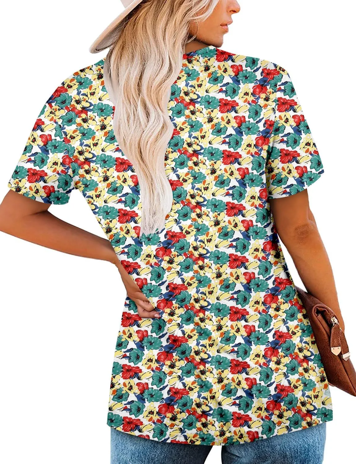 ZOLUCKY Womens Plus Size Short Sleeve Boho Tops Trendy Shirts Loose Fit Blouse Summer Tunic Top for Women S-3XL